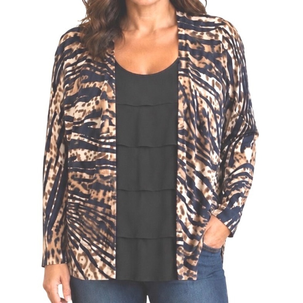 August Silk Cardigan Set Women M Brown Animal Print Excellent Ruffle Layered